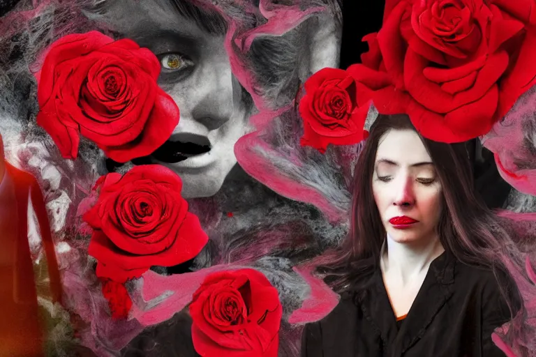 Prompt: a multi - layered digital collage, digital storybook depiction about existential despair, film noir, loneliness, and void, red rose, cryogenic tears, semi - translucent layers, blended, multi - colored, digital concept art