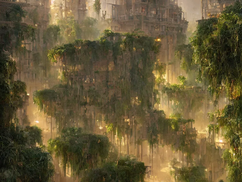 Image similar to the antique green city of babylon with its wonderful hanging gardens at dawn, intricate, elegant, volumetric lighting, digital painting, highly detailed, artstation, sharp focus, illustration, concept art, ruan jia, steve mccurry