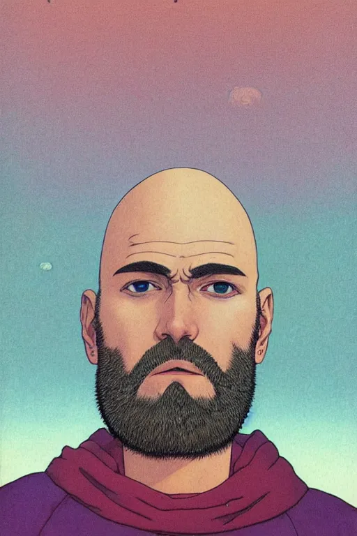 Image similar to a colorful closeup portrait of a handsome young bald man with a very long wild beard dreaming psychedelic hallucinations in the vast icy landscape of antarctica, by kawase hasui, moebius and edward hopper, colorful flat surreal design, hd, 8 k, artstation