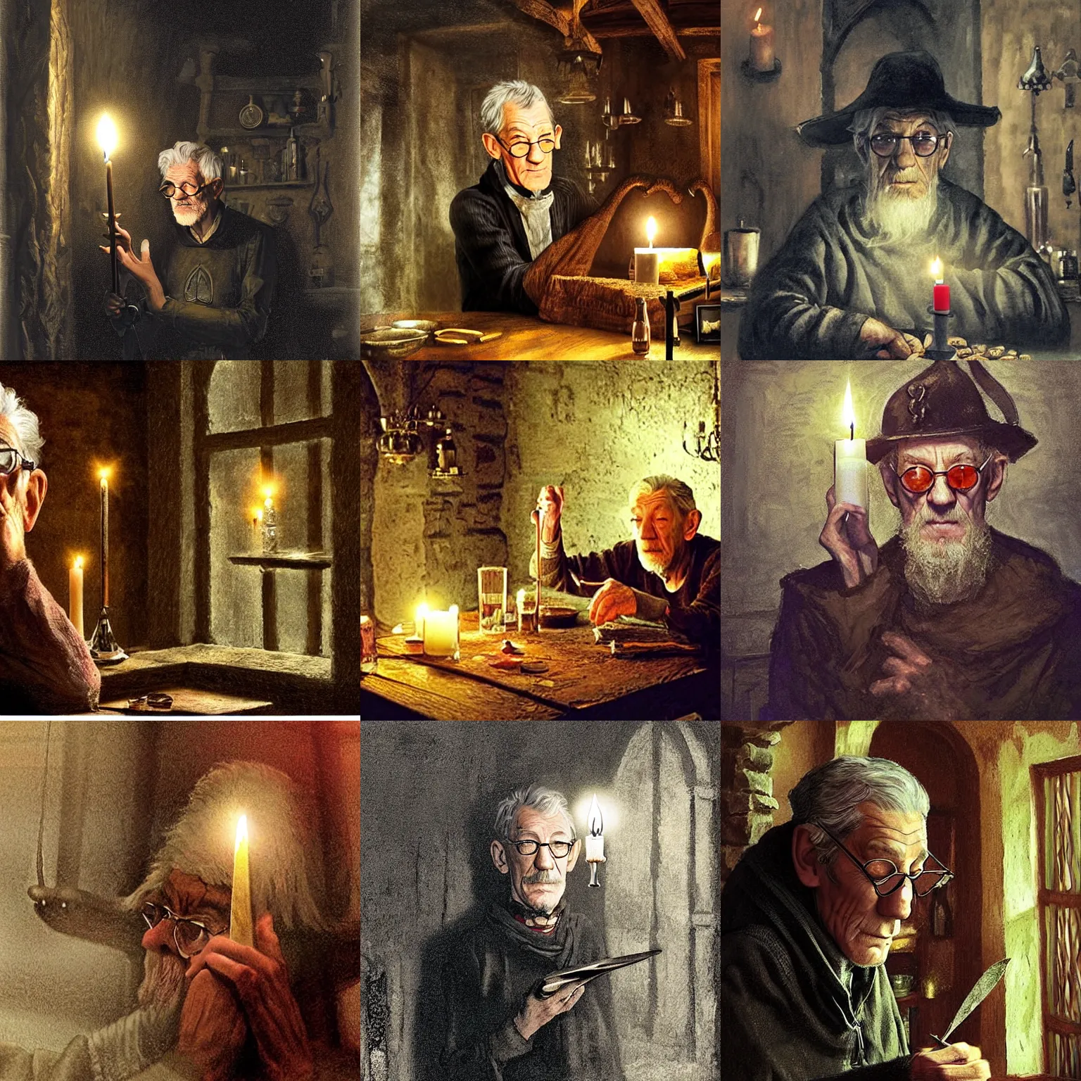 Prompt: skinny, cautious, paranoid! 7 0 years old alchemist ( ian mckellen with a long goatee and with scissor glasses ), looks scared in a medieval inn. close up, ( ( dark shadows ) ), colorful, candle light!, law contrasts, fantasy concept art by jakub rozalski, jan matejko, and j. dickenson