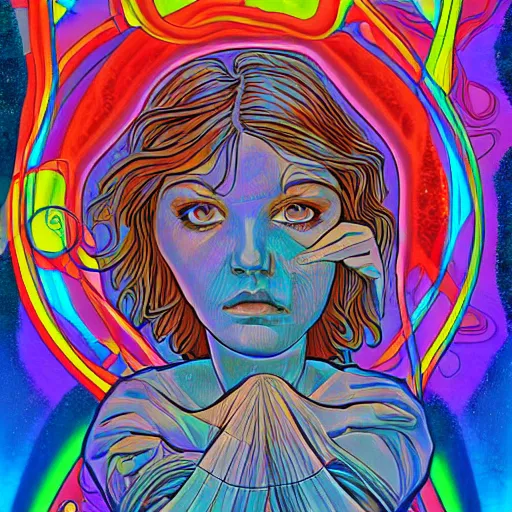 Image similar to stranger things by evelyn de morgan, by jack kirby funereal, kaleidoscopic. a print of a young woman holding an orange