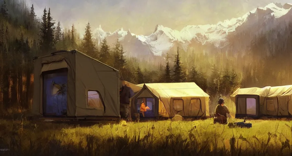 Image similar to cabela's beautiful comfortable self contained modular insulated wall container home kit - house all weather family dwelling tent house, person in foreground, mountainous forested wilderness open fields, beautiful views, painterly concept art, environmental concept art, concept art illustration, by james gurney, by craig mullins, by greg rutkowski trending on artstation