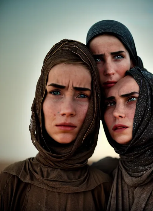 Image similar to cinestill 5 0 d candid photographic portrait by steve mccurry of two loving female androids wearing rugged black mesh techwear on a desolate plain, extreme closeup, modern cyberpunk, dust storm, 8 k, hd, high resolution, 3 5 mm, f / 3 2, ultra realistic faces, ex machina