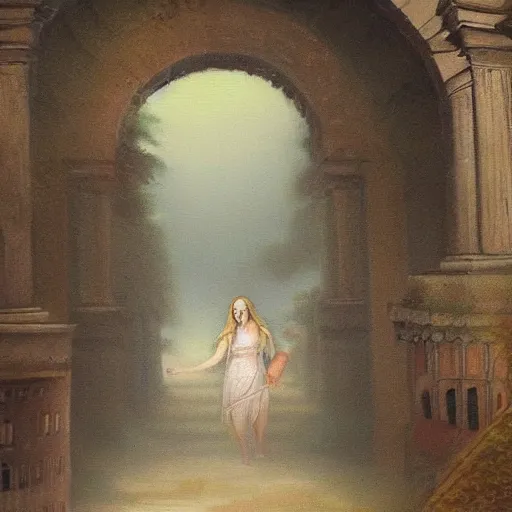 Image similar to a realistic painting hazy misty mythical spirit walking around the ruins of an old roman city in the style of elizabeth jane gardner