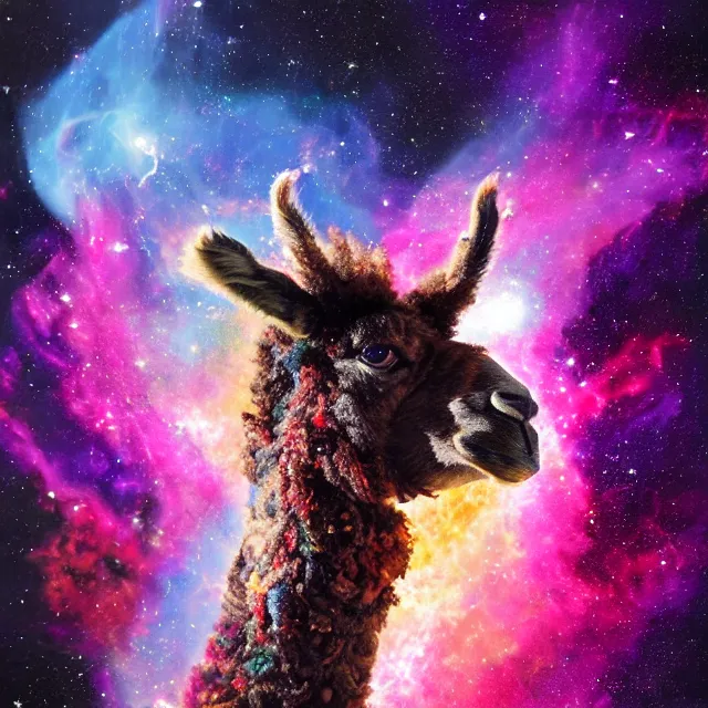 Image similar to llama with dreadlocks, depicted as an explosion of a nebula, 4 k, hyperrealistic painting