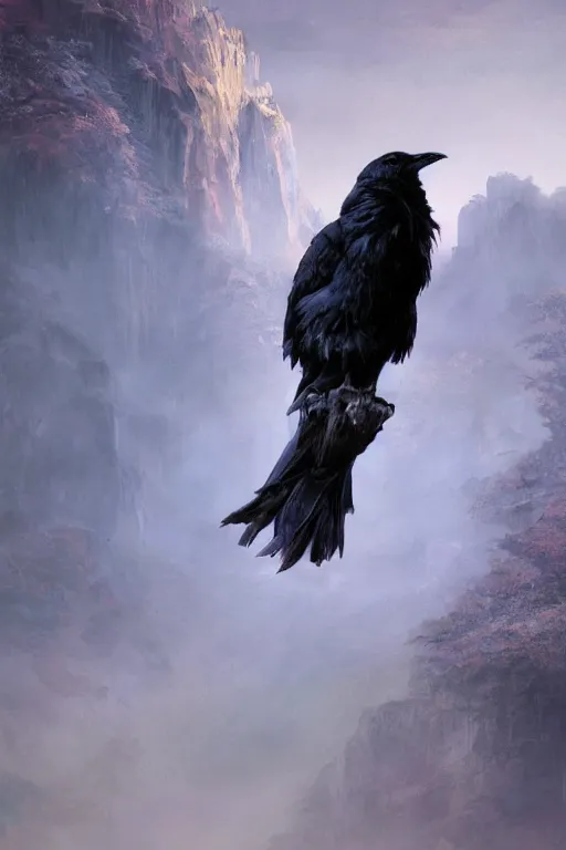 Image similar to portrait of a beautiful one raven perched on purple crystals that are glowing in a misty valley, establishing shot, extremly high detail, foto realistic, cinematic lighting, by yoshitaka amano, ruan jia, kentaro miura, artgerm, post processed, concept art, artstation, raphael lacoste, alex ross