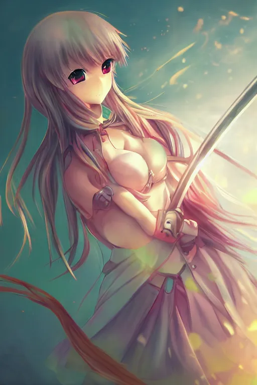 Prompt: an anime girl warrior princess holding a sword, candy pastel, backlighting, trending on pixiv, digital art, by kawacy