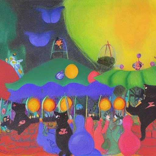 Prompt: painting of cats and caterpillars at a carnival at night watching colorful paper lanterns, in the style of claude monet and eyvind earle