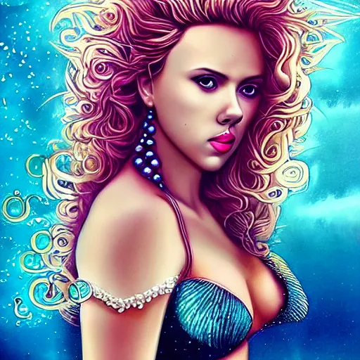 Image similar to “Scarlett Johansson portrait, fantasy, mermaid, cartoon, pearls, glowing hair, shells, gills, crown, water, highlights, starfish, goddess jewelry, realistic, digital art, pastel, magic, fiction, ocean, game, Queen, colorful hair, sparkly eyes”
