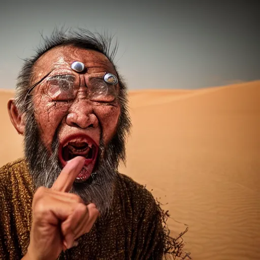 Image similar to screaming old asian man with beard, his head covered in jewels, full face silver mask, glowing eyes, wearing a wooden stick, smoke around him, in the dry rock desert, cinematic shot, wide angle, desert background, award winning photography, 8k, in the style of David Lynch, Alejandro Jodorowsky and Gaspar Noe