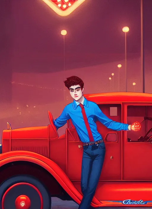 Image similar to teenage archie andrews, in a red ford model t, intricate, elegant, glowing lights, highly detailed, digital painting, artstation, sharp focus, illustration, art by wlop, mars ravelo and greg rutkowski