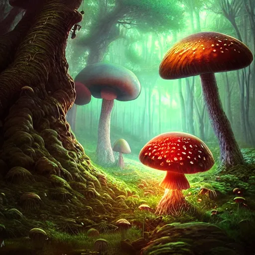 Prompt: the magical mushroom forest, intricate artwork by artgerm, greg rutkowski, and kilian eng, symmetrical digital illustration, hyper detailed, super sharp, crisp, smooth, vibrant colors smooth gradients, depth of field, aperture f 1. 2