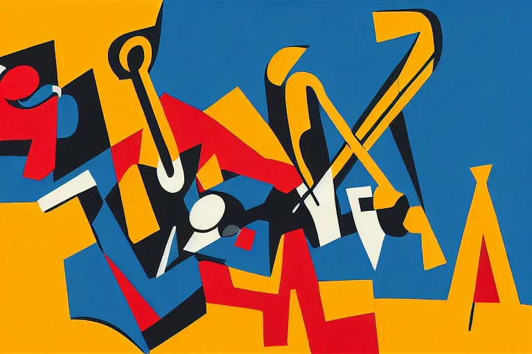 Prompt: abstract art poster of jazz musicians and musical notes in the style of Stuart Davis, matte illustration, texture,