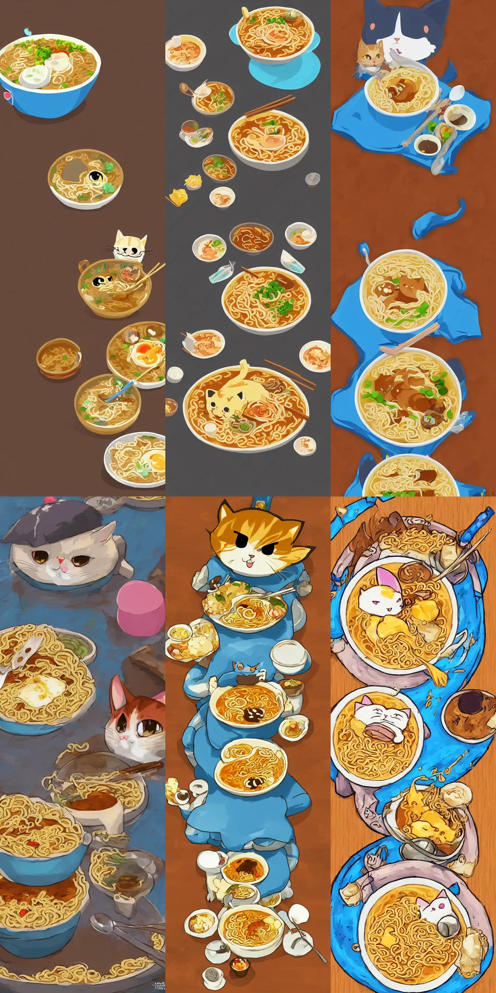 Prompt: Cute kawaii cat eating a bowl of ramen in The Legend of Zelda Breath of the Wild, toon shading, npr, no background