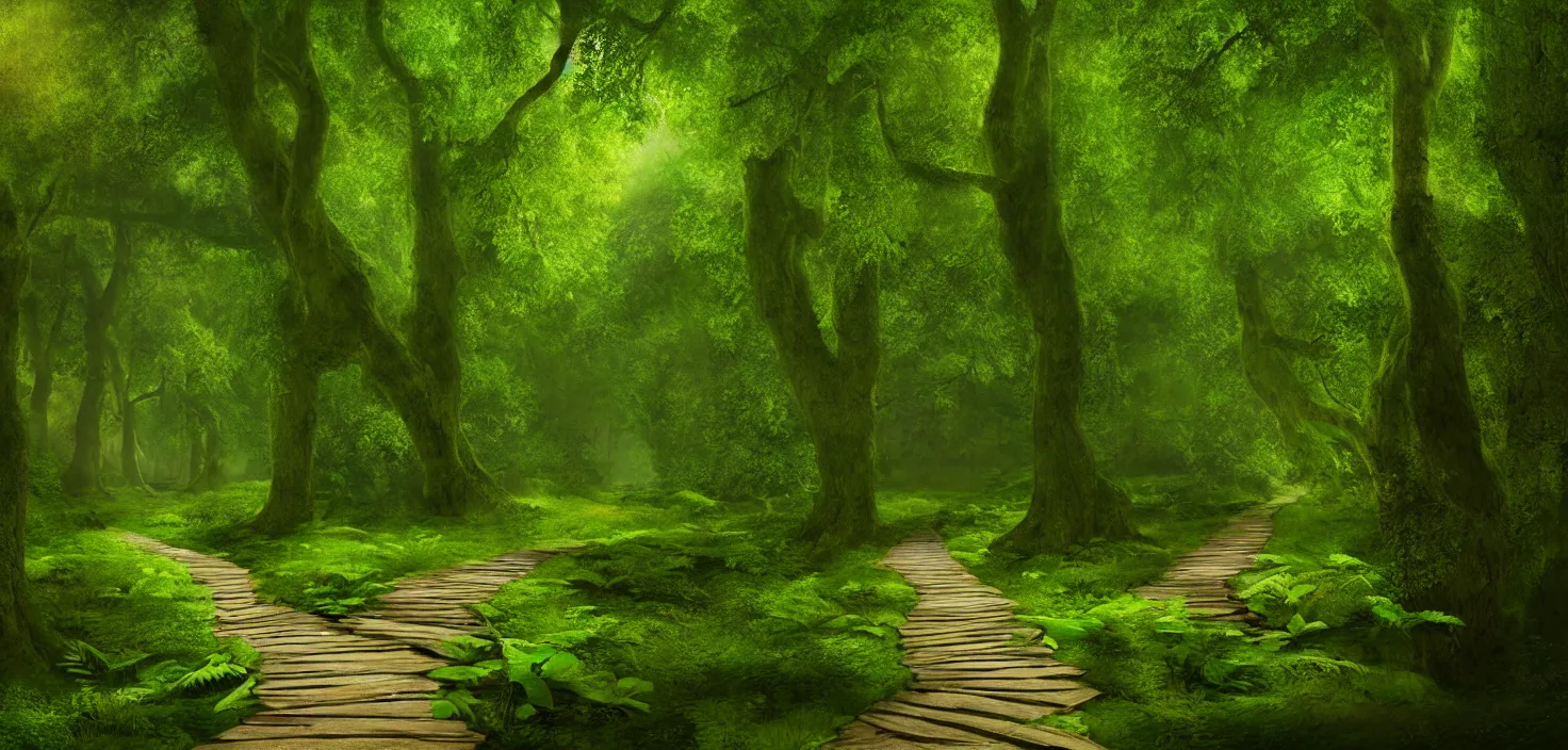 Image similar to a wooden path in the middle of a lush green forest, a detailed matte painting by john eyre, shutterstock contest winner, magical realism, enchanting, matte painting, mystical