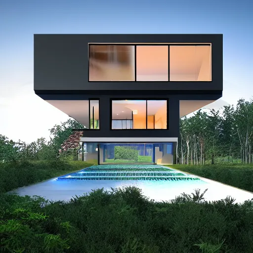 Image similar to contemporary house in the forest, lights inside, foliage, square pool, unreal engine, textures, detailed, realistic