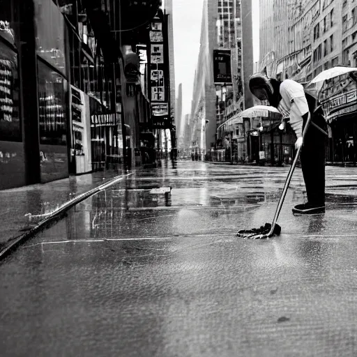 Image similar to cleaner with a mop a rainy new york street, photography