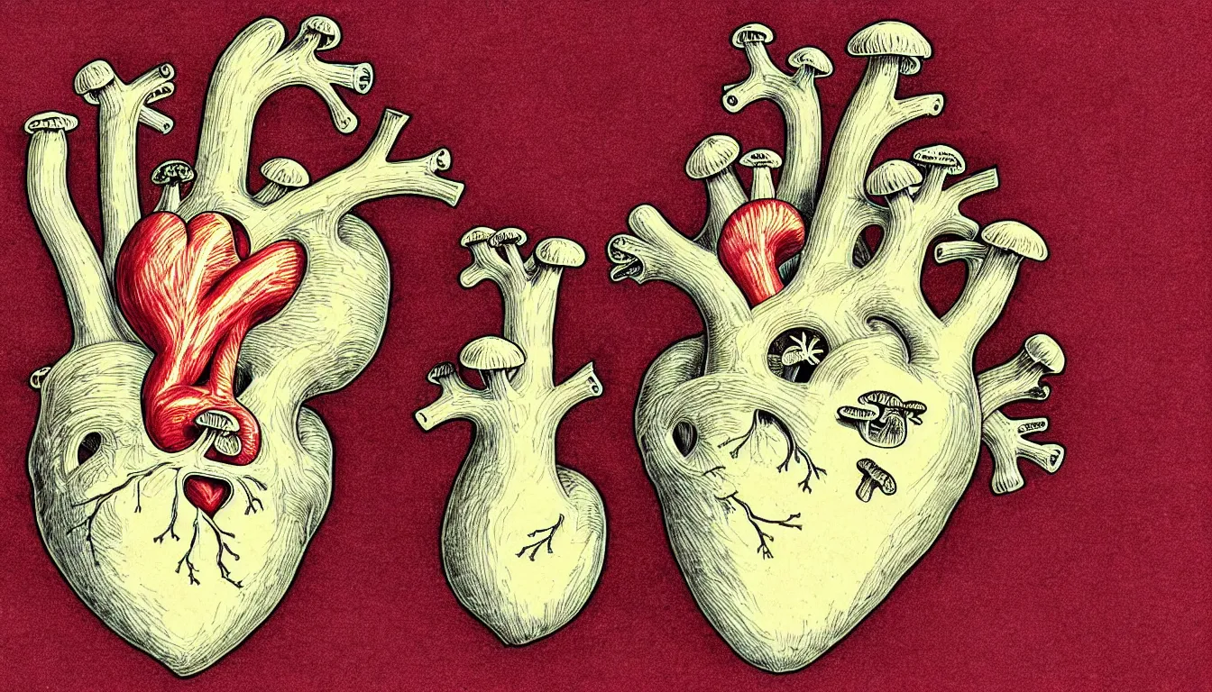 Image similar to a human heart with mushrooms growing out of the valves, anatomically correct drawing