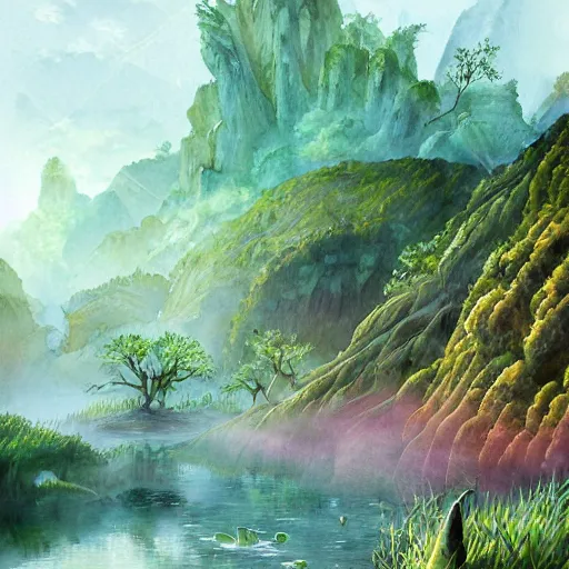 Prompt: beautiful detailed watercolor of a lush natural scene on a colourful alien planet by vincent bons. ultra sharp high quality digital render. detailed. beautiful landscape. weird vegetation. water. soft colour scheme. grainy.