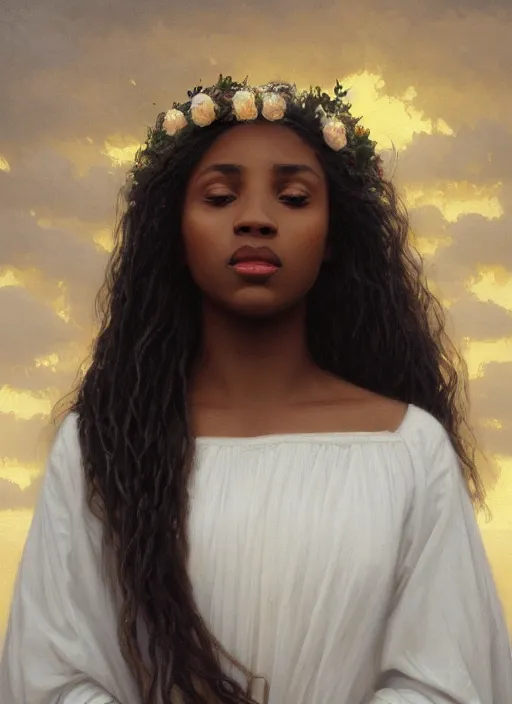 Image similar to oil painting close up portrait of a contemplative young black woman with long dark flowing hair in a white dress, wearing a crown of white roses!! at sunset, hazy, digital art, chiaroscuro, artstation, cinematic, golden hour, digital art painting by greg rutkowski, william - adolphe bouguereau, hazy atmosphere, cinematic lighting