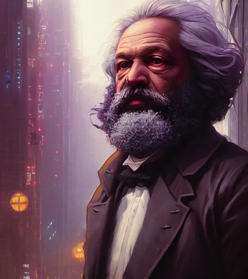 Image similar to highly detailed portrait of karl marx in cyberpunk, cyborg, stephen bliss, unreal engine, fantasy art by greg rutkowski, loish, rhads, ferdinand knab, makoto shinkai and lois van baarle, ilya kuvshinov, rossdraws, tom bagshaw, global illumination, radiant light, detailed and intricate environment