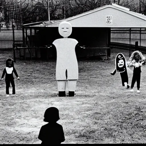 Prompt: 1 9 7 0 s black and white horror picture of a playground with children playing, but with a creepy figure in the background