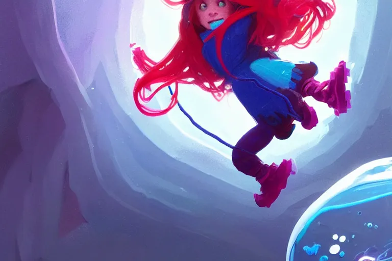 Image similar to madeline from celeste jumping into a green jelly bubble wearing a blue bubble jacket has a red long hair, highly detailed, digital painting, artstation, concept art, sharp focus, illustration, art by greg rutkowski and alphonse mucha