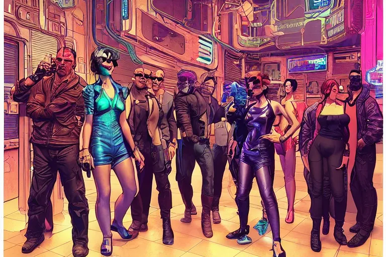 Image similar to cyberpunk heist crew in nightclub. portrait by stonehouse and mœbius and will eisner and gil elvgren and pixar. character design. realistic proportions. cyberpunk 2 0 7 7 character art, blade runner 2 0 4 9 concept art. cel shading. attractive face. thick lines. the team. diverse characters.