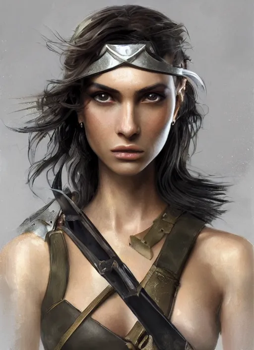 Prompt: a professionally painting of an attractive young female, partially wrapped in battle armor, olive skin, long dark hair, beautiful bone structure, perfectly proportioned, symmetrical facial features, intricate, elegant, heroic pose, digital painting, concept art, smooth, sharp focus, finely detailed, beautifully framed, from Metal Gear, in the mixed styles of Ruan Jia and Mandy Jurgens and Artgerm and William-Adolphe Bouguerea