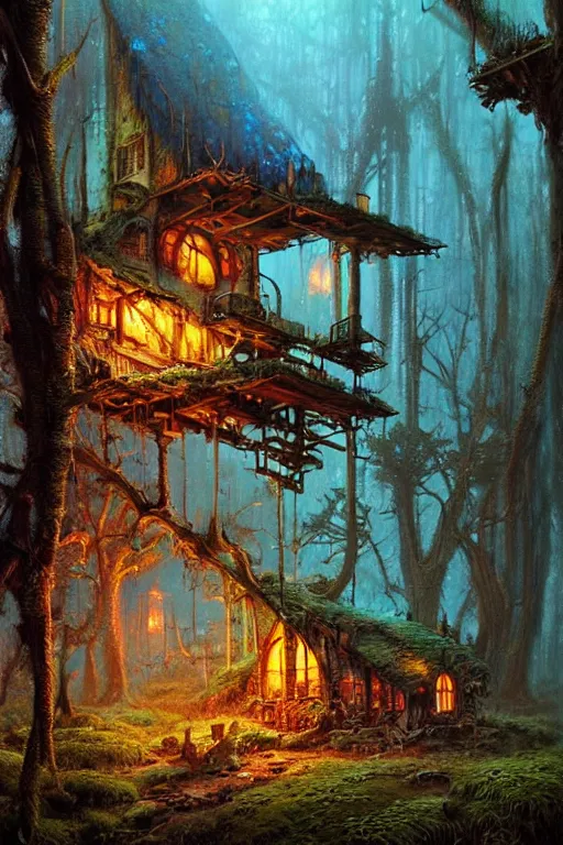 Image similar to a ramshackle multistory fairytale hut in the forest by Bruce Pennington, highly detailed, digital painting, concept art, sharp focus, artstation