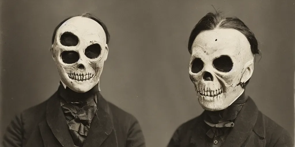 Prompt: a head and shoulders portrait photograph of a victorian wearing a scary vintage halloween mask, 1 9 0 0 s picture