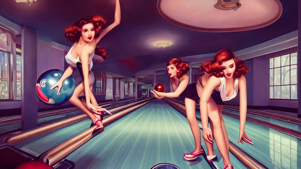 Image similar to art deco bowling alley, cute girls bowling, photo, ultra detail, photoreal, professionally retouched, soft moonlight lighting, shiny plastic miniskirt, realistic, smooth face, goddess, luscious lips, perfect eyes, wide angle, sharp focus on eyes, 8 k high definition, insanely detailed, intricate, elegant, art by artgerm and wlop