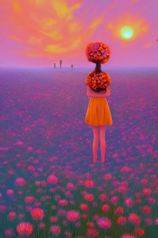 Image similar to closeup, giant flower head, girl standing in a field of flowers, surreal photography, sunrise, blue sky, dramatic light, impressionist painting, digital painting, artstation, simon stalenhag