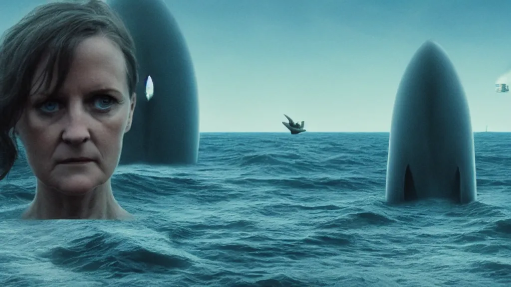 Prompt: photo of Polly Gray coming out of the ocean, extreme detailed face, spaceship far on the background, film still from the movie directed by Denis Villeneuve with art direction by Zdzisław Beksiński, wide lens