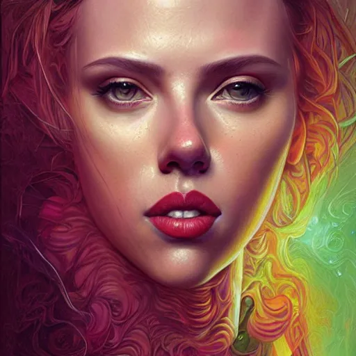 Image similar to portrait of scarlett johansson, hyper detailed masterpiece, neon floral pattern, jean giraud, digital art painting, darkwave goth aesthetic, psychedelic, artgerm, donato giancola and tom bagshaw