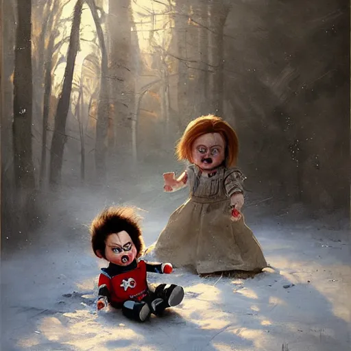 Prompt: the doll chucky fighting the doll annabelle in oslo, oil painting, by greg rutkowski