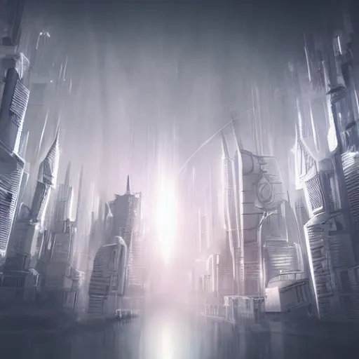 Prompt: futuristic city surrounded by dark mist