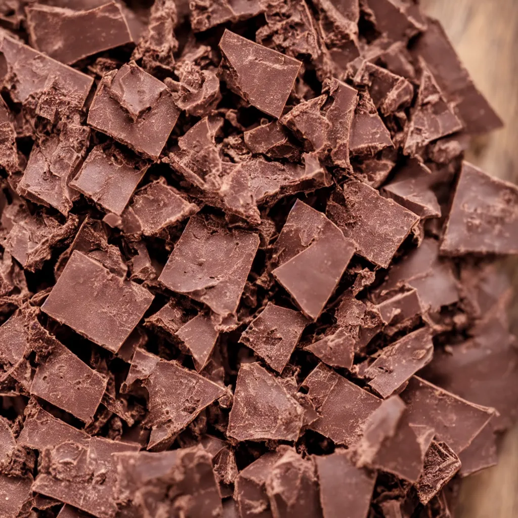 Image similar to close up view of chocolate on top of a wooden table, 8k, photorealistic, proper shading