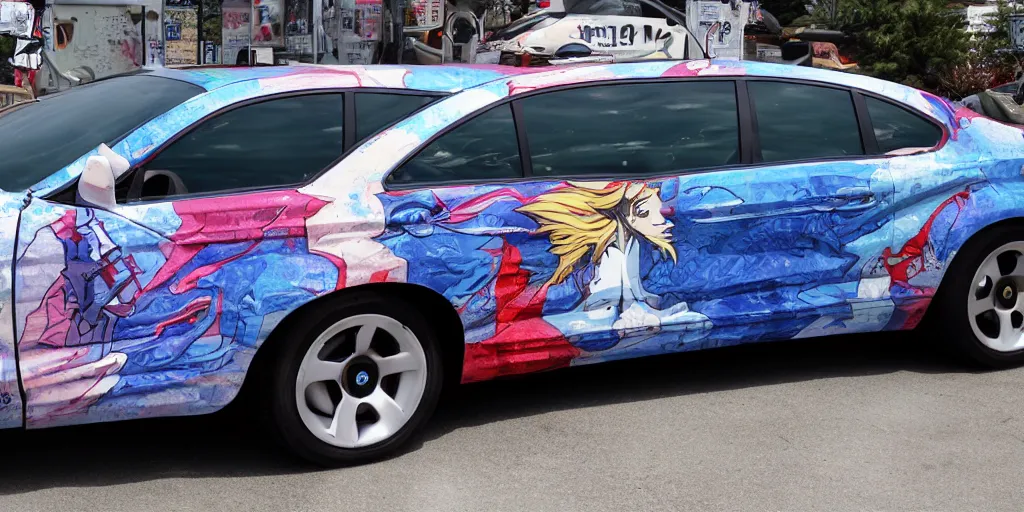 Image similar to side shot, anime car wrap, muscular Bernie sanders