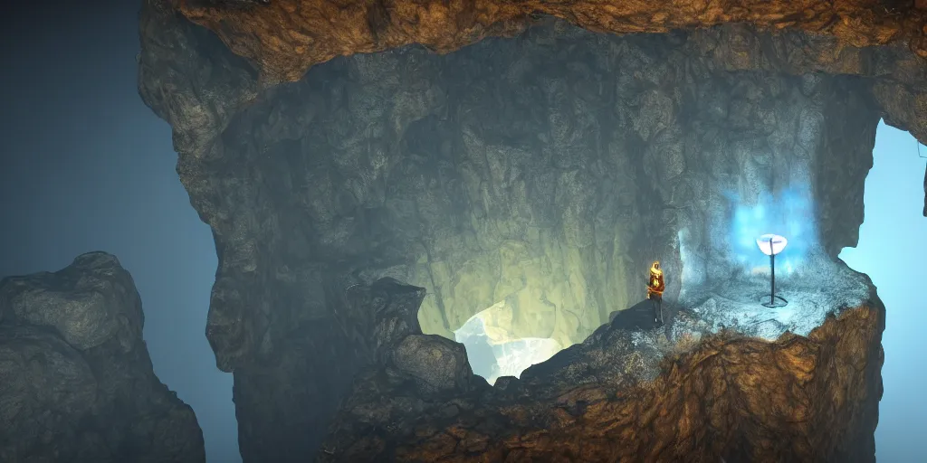 Image similar to male with a torch illuminating a giant abyss hole, nature around the hole, unreal engine 5, intricate details, relaxed