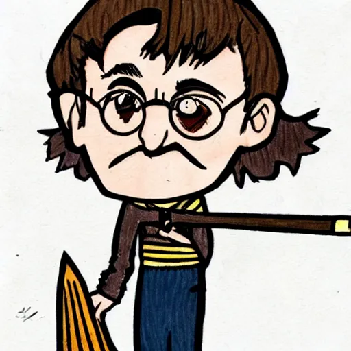 Prompt: harry potter is a bum in the streets of London, he waves with a stick and carries a broom, he looks like he is mad, caricature, pencil and alcohol markers