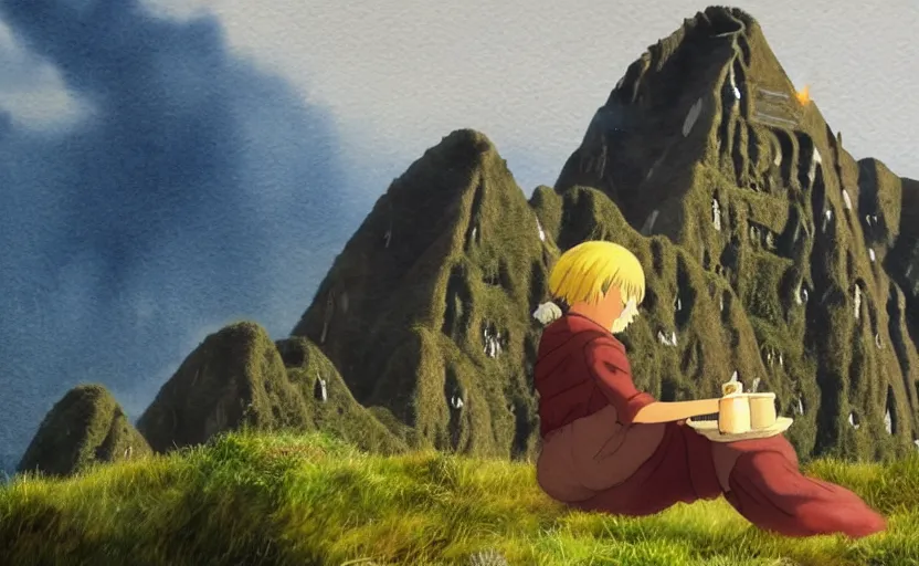 Image similar to a realistic and atmospheric watercolor from howl's moving castle ( 2 0 0 4 ) of a witch meditating in machu pichu. very dull muted colors, hd, 4 k, hq