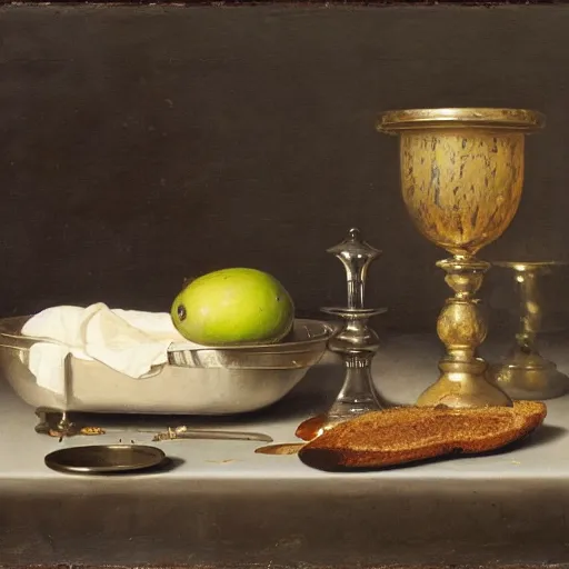 Image similar to still life by willem claesz heda, avocados, bread, linen, a fly, silver, overturned chalice, goblets,