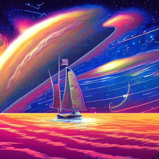 Prompt: digital painting of a cosmic yatch sailing through space by Dan Mumford, trending on Artstation