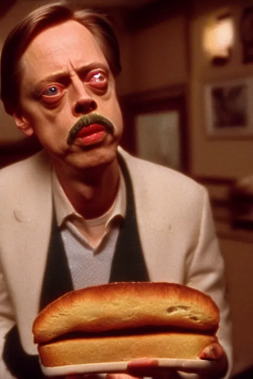 Image similar to film still of steve buscemi made out of bread in the royal tenenbaums, 4 k