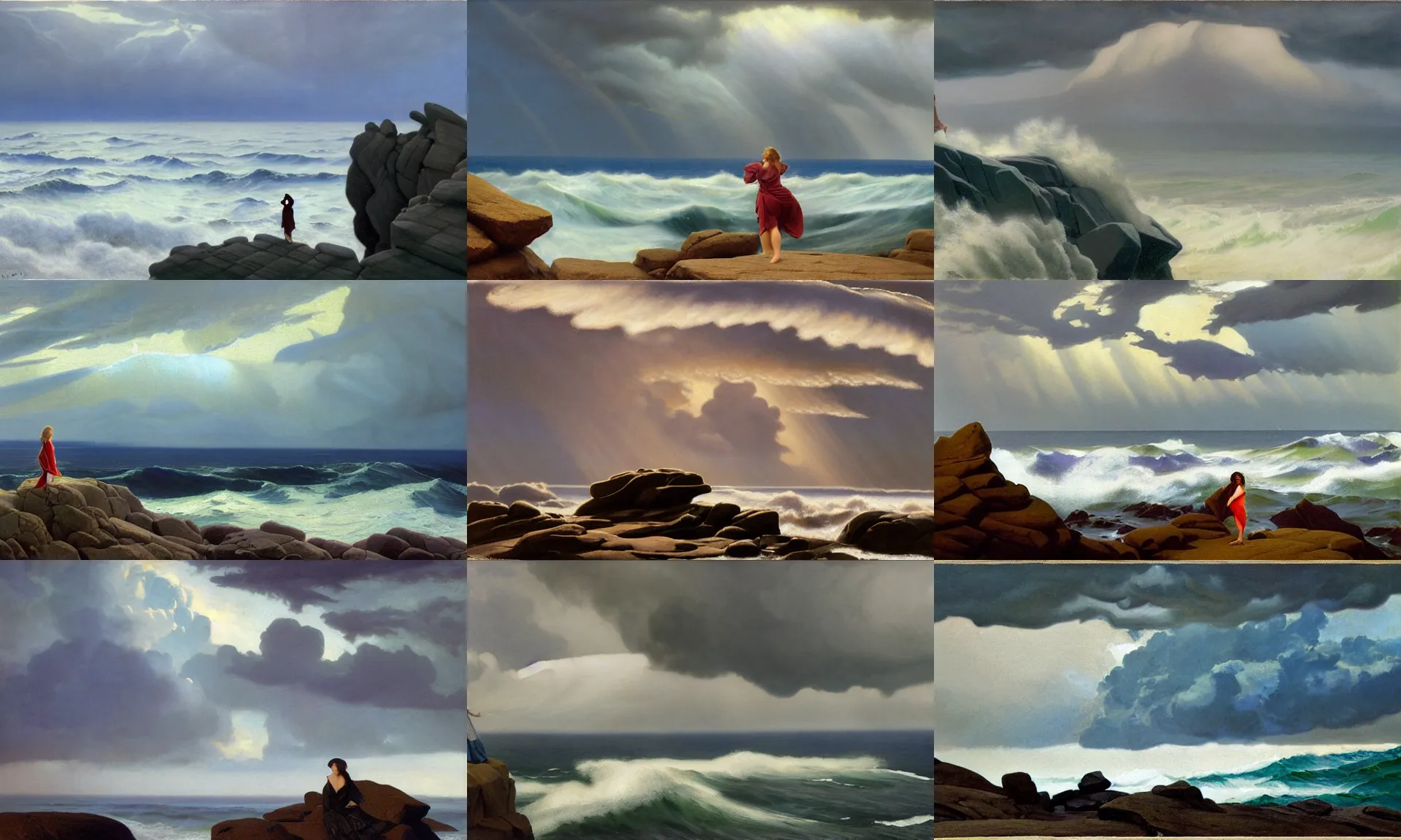 Prompt: dramatic light, thunder clouds in the sky, stormy sea by frederick judd waugh, simple form, brutal shapes stormy sky, extremely strong wind, cumulonimbus, woman in dress figure standing on the stones, realism, view from above on seascape, matte painting, artstation, artwork by ed mell christopher blossom and frederick judd waugh and franklin carmichael and Russ Kramer and ivan aivazovsky and isaac levitan