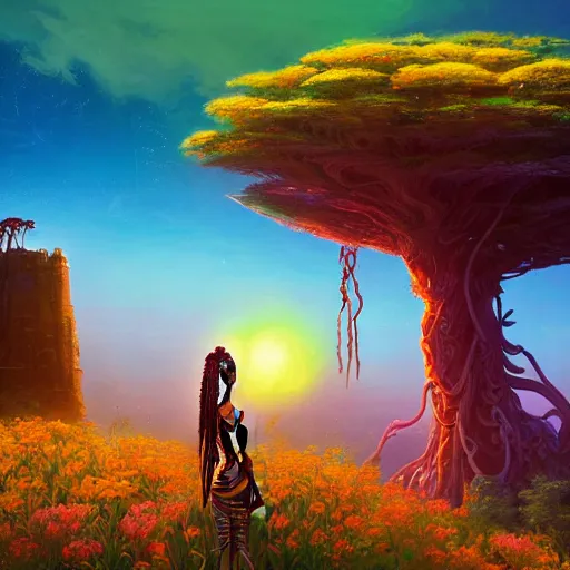 Image similar to an exotic african cyberpunk woman with colorful dreadlocks sitting on a cliff overlooking a field of colorful flowers with a giant glowing baobab tree in the middle, it is sunset, by greg rutkowski and android jones and Alena Aenami in a surreal cyberpunk! style, oil on canvas, 8k hd,