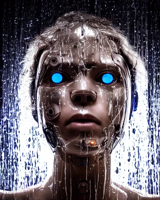 Image similar to photo of soulful female as a cyberpunk mecha humanoid robotic head and face parts with straight bright led lights, small light emitting cables, under a shower, wet skin with water dripping down face, ultra - realistic and detailed, long exposure 8 k