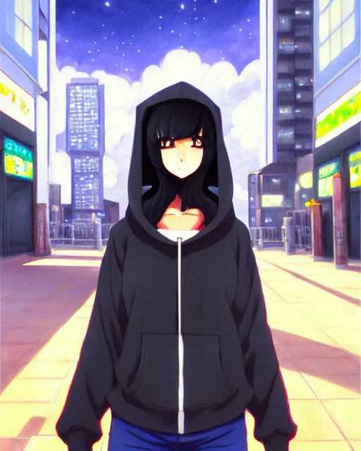 Prompt: black haired girl wearing hoodie, detailed city street background, anime illustration shinkai makoto oil painting
