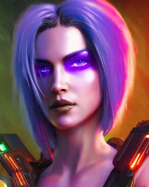 Prompt: a stunning portrait of a cyberpunk queen. she has short neon colored hair and blue eyes. she's a cyberpunk 2 0 7 7 character. digital art by frank frazetta and julie bell and artgerm and ross tran, medium shot portrait, highly detailed, trending on artstationhq